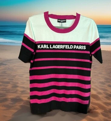 NUEVO Top de mujer Karl Lagerfeld negro/blanco/rosa a rayas con logotipo, talla M; L, Ret$ 79,50 Foto 1 de 4