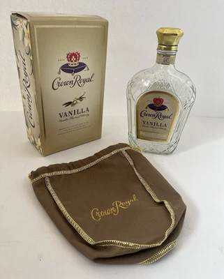 Crown Royal VANILLA 酒瓶袋和盒空软米色包 + 瓶盒带标志 — 第 1/4 张图片