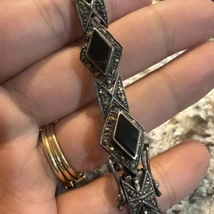 Sterling Silver Black Onyx Marcasite Bracelet Patina 25.6 Grams - Picture 1 of 8