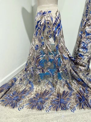 Nude Blue Embroidery Sequins Lace Fabric 50” Width Sold By The Yard - Image 1 of 4