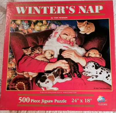 Christmas Puzzle 500PC Santa Puppies Kitten Winter Nap Holiday Activity Complete - Image 1 of 4