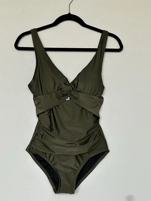 NUEVO CON ETIQUETAS DKNY Traje de baño de una pieza con detalle de ojo de cerradura fruncido musgo verde brillante talla S Foto 1 de 4