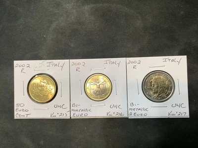 Italy 2002 Euro/Bi-Metallic Euros UNC 3 Coin Lot.  R10125 - Image 1 of 2