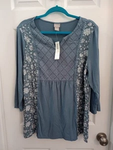 Chico's Size L (2) Blue Floral Boho Top - Picture 1 of 16