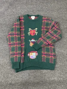 Vintage Skyr Sportswear Sweater Large Red Plaid 100% Wool Cable Knit Crest - Picture 1 of 5