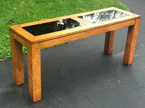 Paul Evans Signed Cityscape Burled Wood Console Table With Glass Inserts Cover
