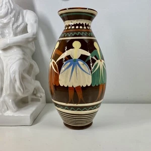 1930s CZECHOSLOVAKIA Redware POTTERY VASE Slovak Czech DANCING LADIES Folk Art - Picture 1 of 12