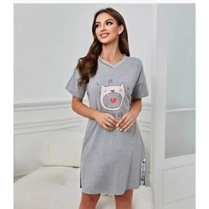 NWT "Meow or Never" Gray Kitty Cat Short Sleeve Sleepshirts Nightgown pajamas L - Picture 1 of 11