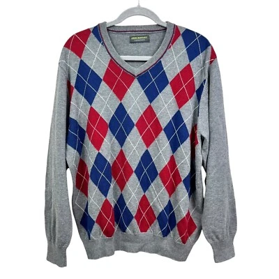 Suéter masculino John Bartlett Consensus Argyle gola V bainha com nervuras cinza azul vermelho tamanho G - Imagem 1 de 4
