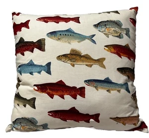 Throw Pillow Fish Cabin Lake House Fishing Lodge Camping Outdoors 15”x15” Marina - Picture 1 of 4
