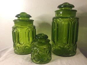 Vintage L.E. Smith Green Depression Glass Moon & Stars 3 Canisters and lids - Picture 1 of 17