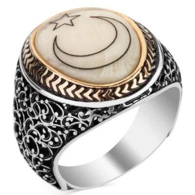 Massiver 925 Sterling Silber Halbmond Mond Stern auf Perlmutt Stein Herren Ring - Bild 1 von 4