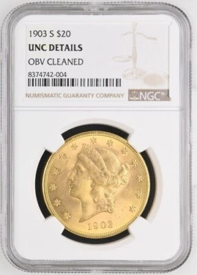 1903-S $20 Gold Liberty Head Double Eagle NGC UNC Details - Obv Cleaned - Image 1 of 2