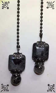 Handcrafted Larvikite Tourmaline Quartz Black Grey White Gunmetal Fan Pull - Picture 1 of 5