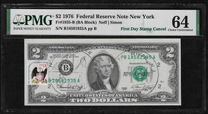 1976 $2 *First Day Of Issue Post Marked* Federal Reserve Note "PMG 64" - Picture 1 of 2