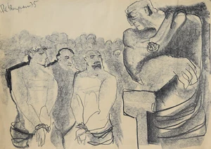 Desconocido ilegible firmado dibujo a tiza 1975 Jesús y Barrabás ante Pilato - Imagen 1 de 22