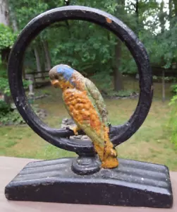 Art Deco BRADLEY & HUBBARD Foundry Parrot / Parakeet in Ring Cast Iron Doorstop - Picture 1 of 12
