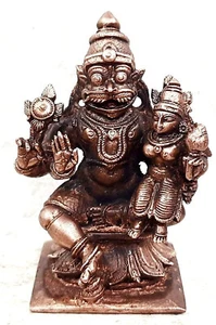 Copper Handmade Lakshmi Narasimha Idol Statue Rich Patina Antique Finish - Picture 1 of 3