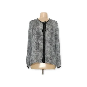 Milano schwarz-weiße Bluse Damen groß Satin Kunstlederbesatz Arbeitskleidung - Bild 1 von 3