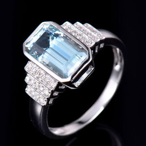 6x11mm Octagon Natural Diamond Blue Aquamarine Solitarie Ring 14K White Gold