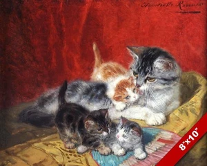 ADORABLE CAT & BABY KITTENS FAMILY PET ANIMAL ART PAINTING REAL CANVAS PRINT - Picture 1 of 4