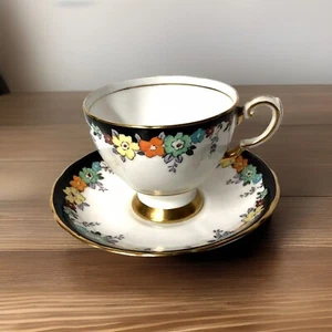 Tuscan Bone China Floral Schwarz Goldrand Fein Englisch Teetasse & Untertasse Set C9323 - Bild 1 von 7