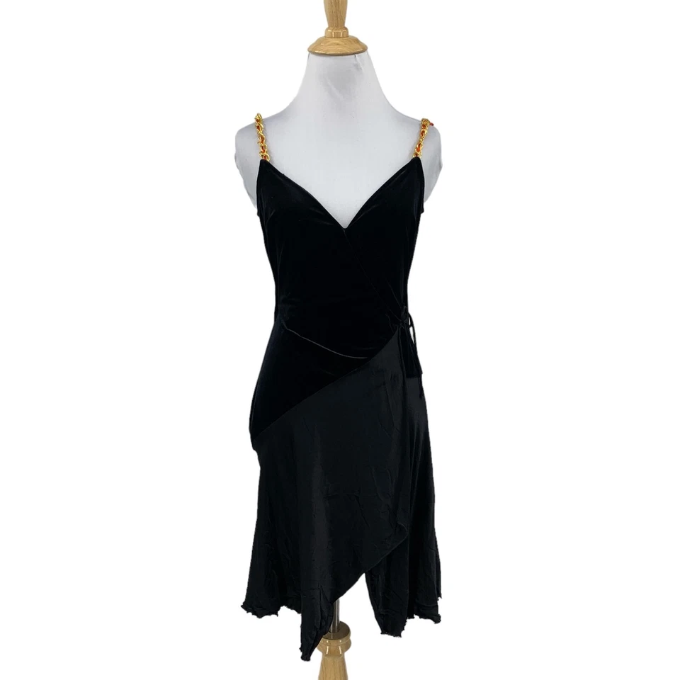Vestido Bebe vintage para mujer pequeño negro terciopelo dorado cadena correa envoltura asimétrica Foto 1 de 4