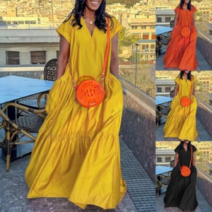 Women V Neck Maxi Dress Baggy Summer Short Sleeve Holiday Kaftan Swing Dress UK - Picture 1 of 21