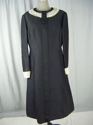 ADELE SIMPSON Vtg 60s Black Silk A-line Dress w/Ivory Lace-Bust 41/ M-L - Image 1 of 4