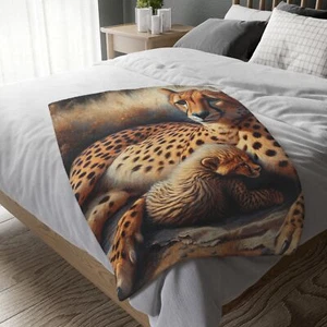 Wohndecke, Leopard mit Jungtier, Samt Mikrofaser, beidseitig, 3 Größen, Geschenke - Bild 1 von 13