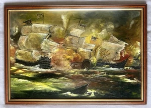 Vintage 1960s Original Oil Painting Naval Ship Battle Scene Maritime Art 60x42cm - Picture 1 of 8