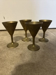 Set of 4 Vintage Etched Brass Cocktail Cordials Miniature Goblets - Picture 1 of 5