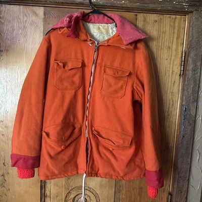 Vintage Melton Wool Jacket Shirt Mens Large Blaze Orange Custom 50s 60s Hunting - Image 1 of 4