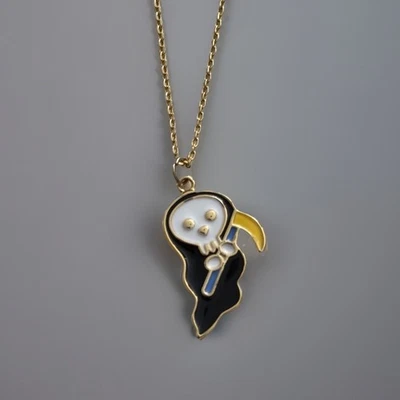 GHOST REAPER ENAMEL HALLOWEEN CHARM NOVELTY GOLD TONE NECKLACE 18” - Image 1 of 4