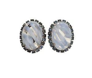 Givre Blue Vintage Clear Oval Clip On Blue Rhinestone Earrings - Picture 1 of 9