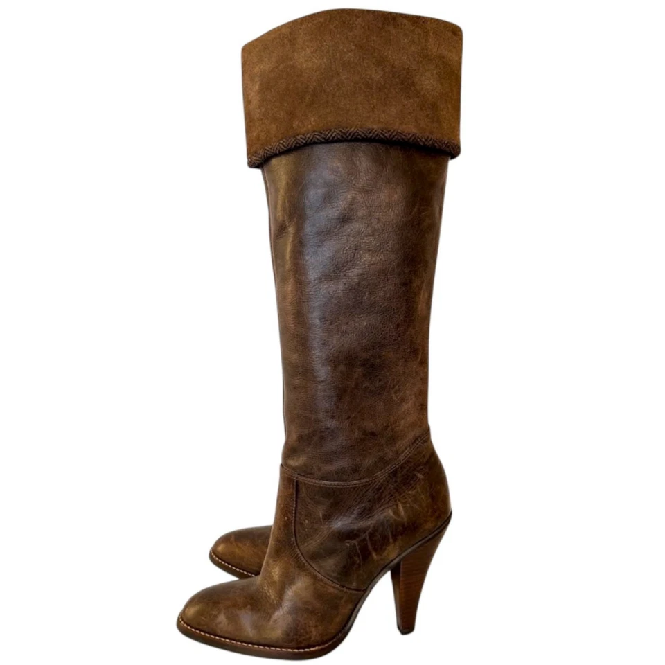 Steve Madden Mott Suede Cuff Tall Heeled Leather Boots 7 Herringbone Trim Knee - Image 1 of 4