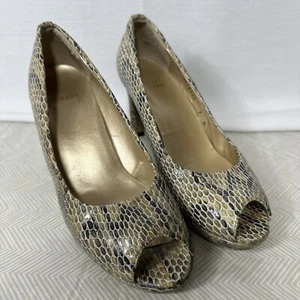 Stuart Weitzman Pumps Womens 7 Brown Snake Print Leather Peep Toe Platform Heels - Picture 1 of 8