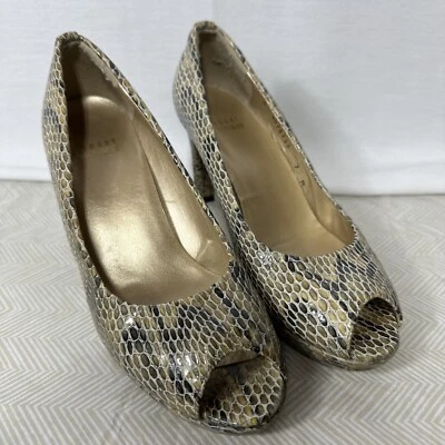 Stuart Weitzman Pumps Womens 7 Brown Snake Print Leather Peep Toe Platform Heels - Image 1 of 4