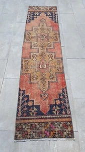 Red and Blue Long Runner Rug Turkish Kitchen Corridor Rug Handmade Boho Rug - Picture 1 of 21