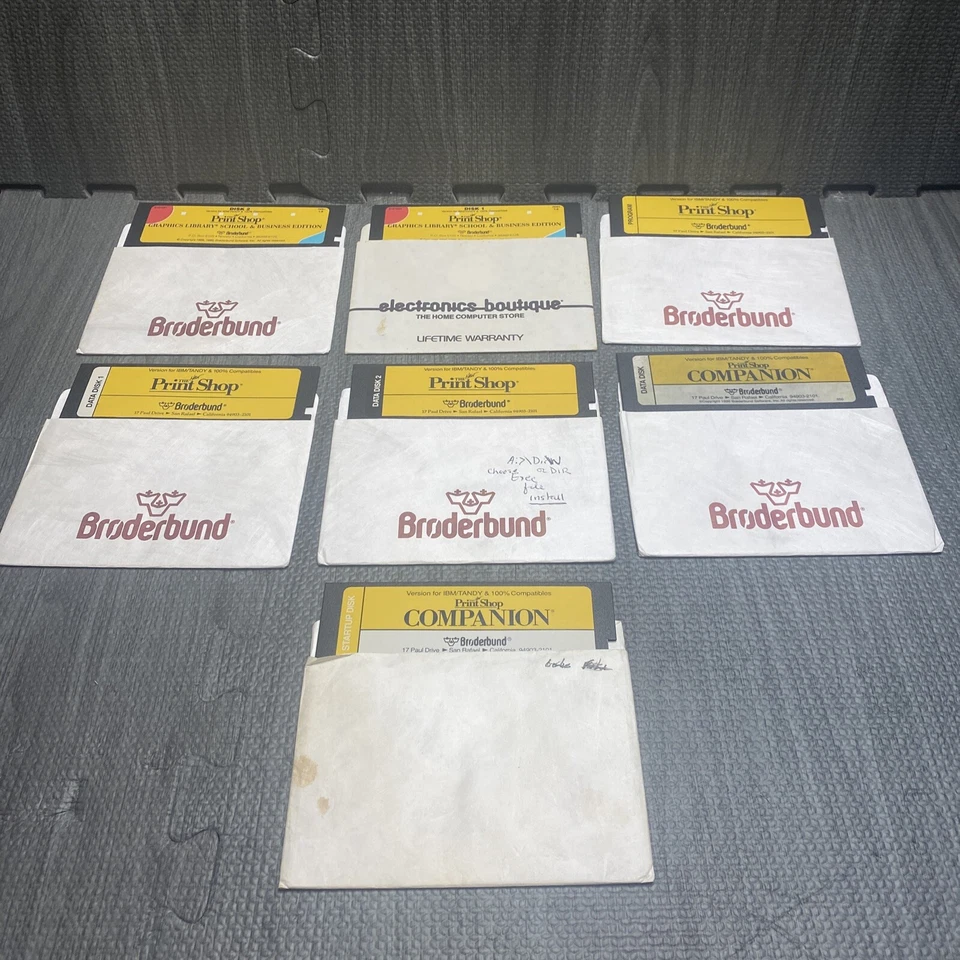 Lot Of 7 The Print Shop Broderbund Windows IBM TANDY 1992 w/ Floppy Disks - Image 1 of 4