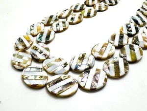 Rare Natural Abalone Shell Inlay Beads – Flat Oval, Mixed Shell Stripes - PG197 - Picture 1 of 2