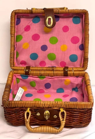 Wicker Basket 7 x 9 x 4" Sewing Handbag Boho Purse w Polka Dot Interior Cover