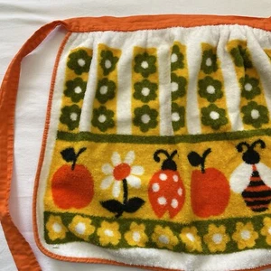 Vintage Apron Terry Cloth 70s Ladybug Bee Apple Flowers Orange Green Yellow - Picture 1 of 8
