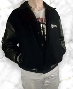Oversized Black Vintage Archive Diesel Leather Wool Bomber Jacket Size M - Picture 1 of 6
