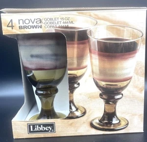 Set of 4 Vtg LIBBEY 15 oz Goblets Nova Brown New In Box USA Water Wine Sango - Picture 1 of 4