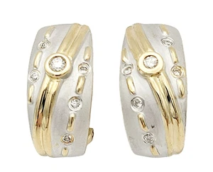 Earrings Diamond Round 0.20 CTW Half Hoop Hinged Omega 14 Kt Yellow & White Gold - Picture 1 of 14
