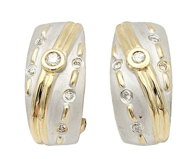 Earrings Diamond Round 0.20 CTW Half Hoop Hinged Omega 14 Kt Yellow & White Gold - Image 1 of 4