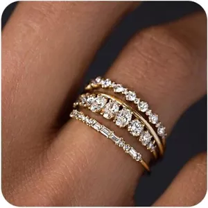 14K Gold Plated Stackable Rings Non Tarnish Dainty Cubic Zirconia Gift For Women - Picture 1 of 6