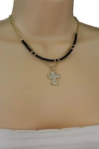 Collana donna bigiotteria moda metallo oro catena croce ciondolo classico 3 fili - Foto 1 di 12
