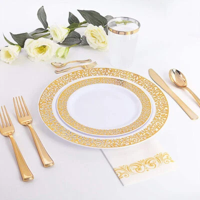 25 x 7.5-Inches Gold Disposable Plastic Plates For Party/Graduation/Thanksgiving - Image 1 of 4